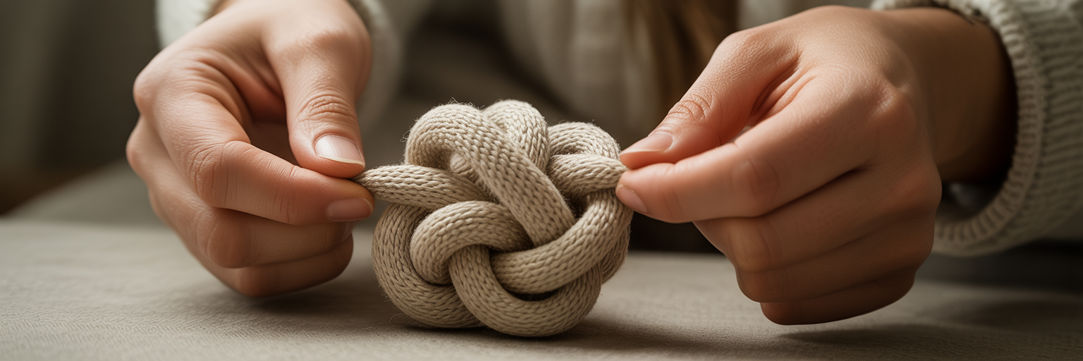 Hands gently untangling a complex knot.