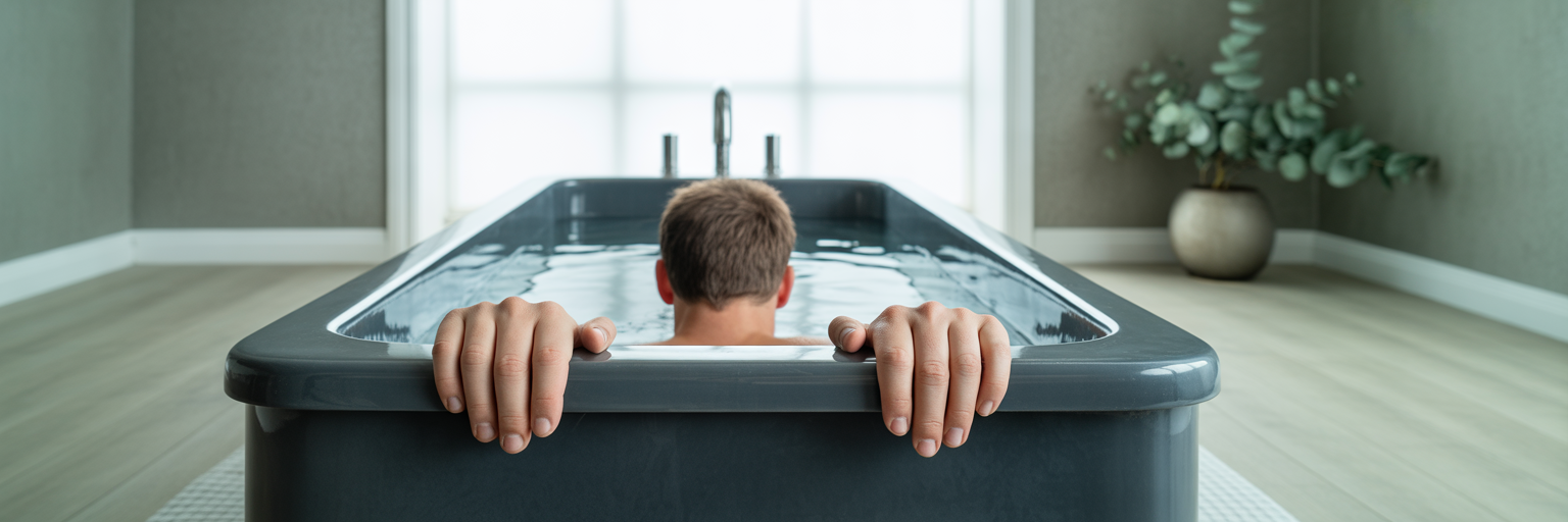 Hands gripping edge of cold tub.