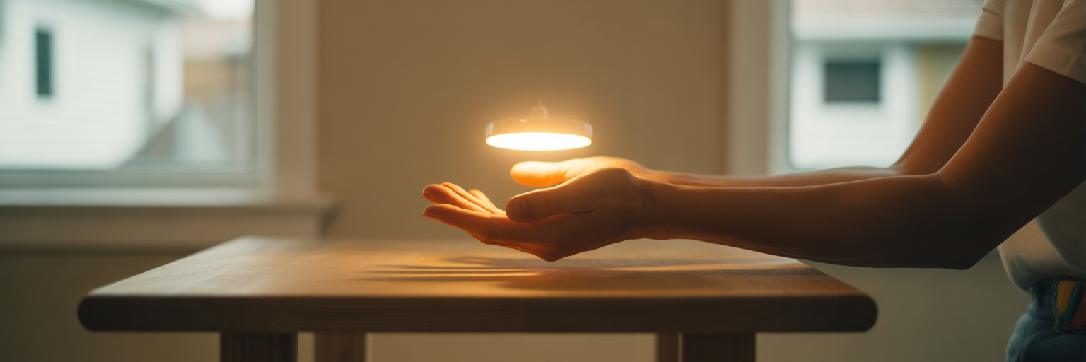 Hands holding a gentle ball of light.