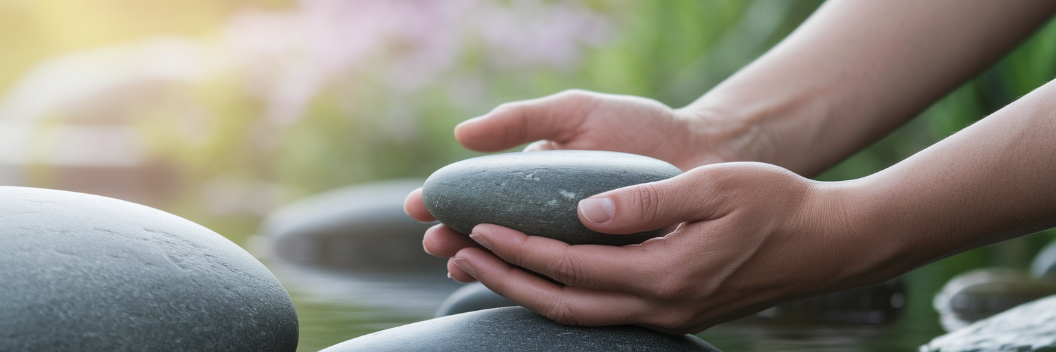 Hands holding a smooth grounding stone.