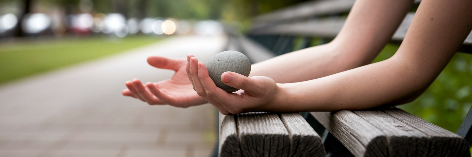 Hands holding a smooth stone on a park bench.