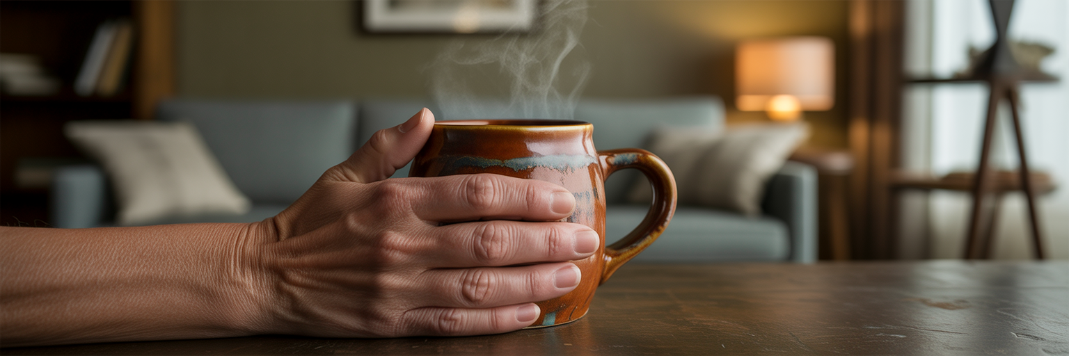 Hands holding a warm ceramic mug.
