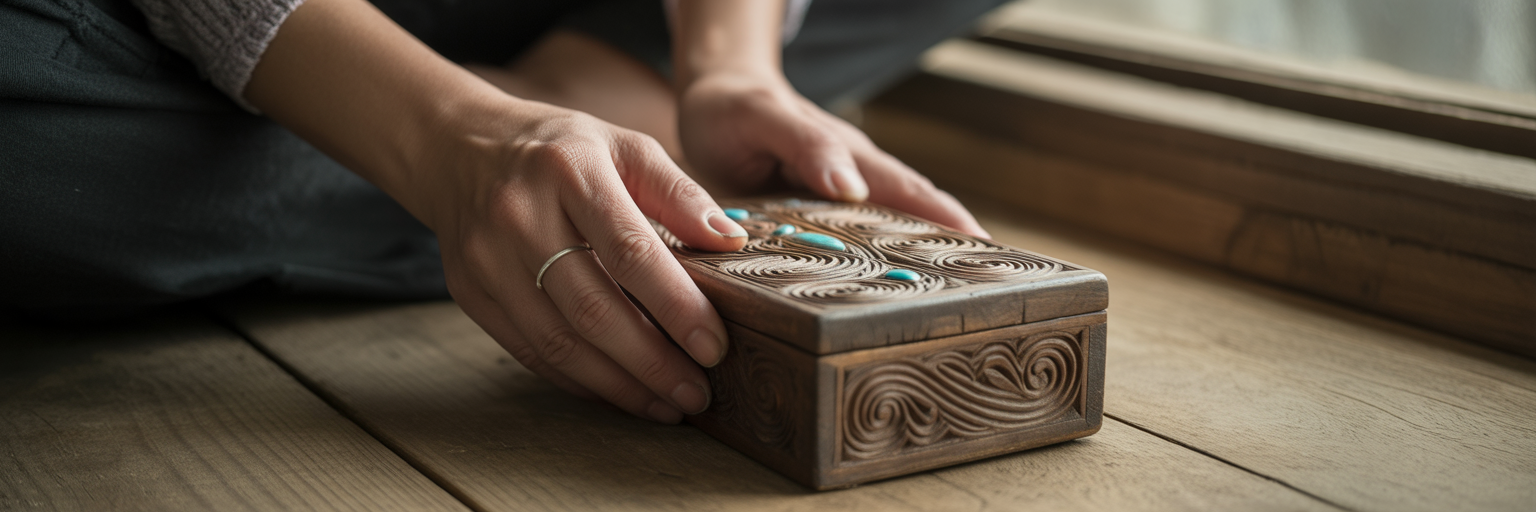 Hands holding a wooden box introspectively.