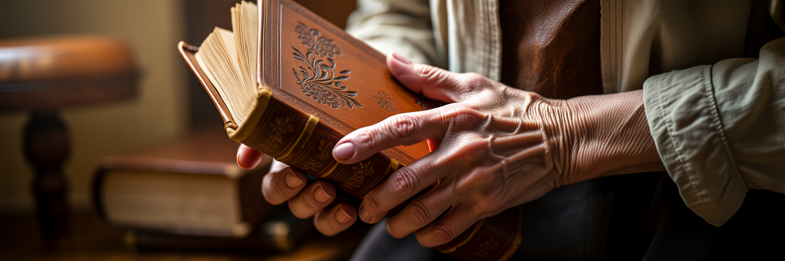 Hands holding an old book thoughtfully.