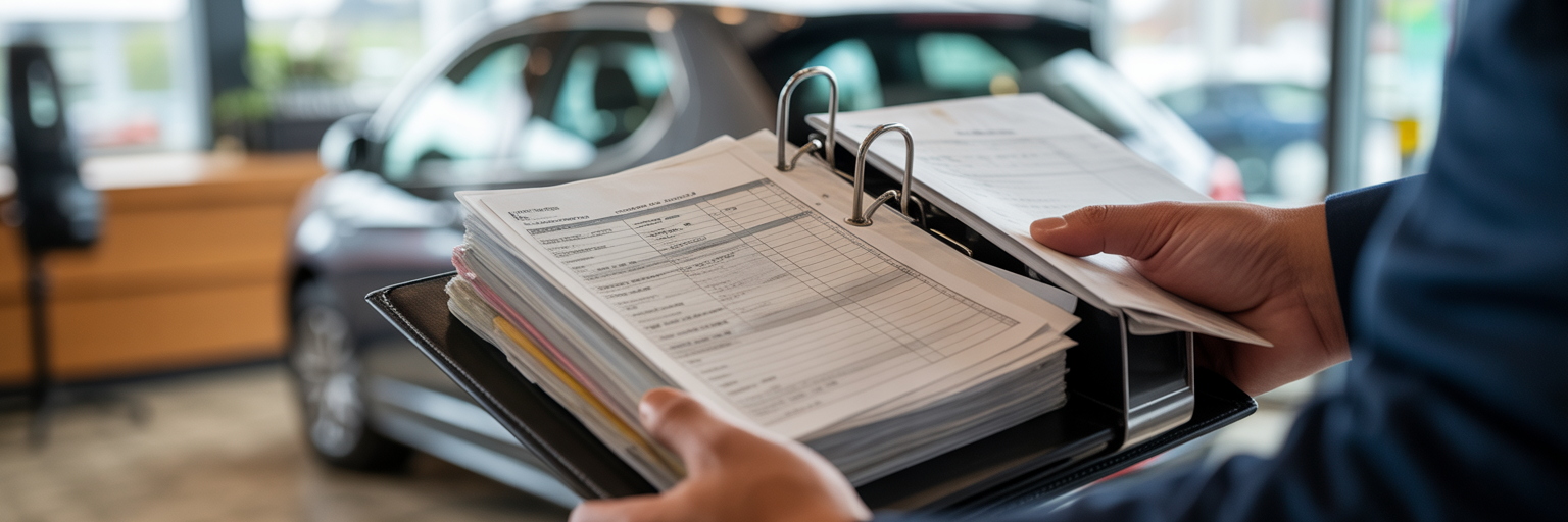 Hands holding binder of car service records.