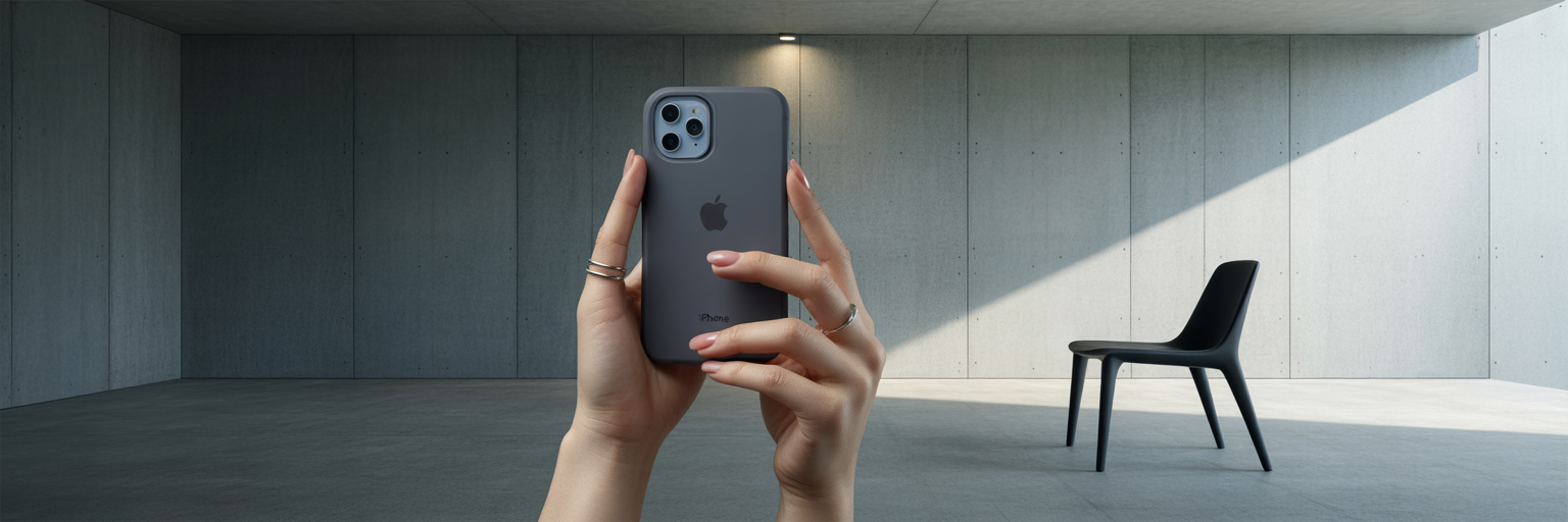 Hands holding iPhone in rectangle case.