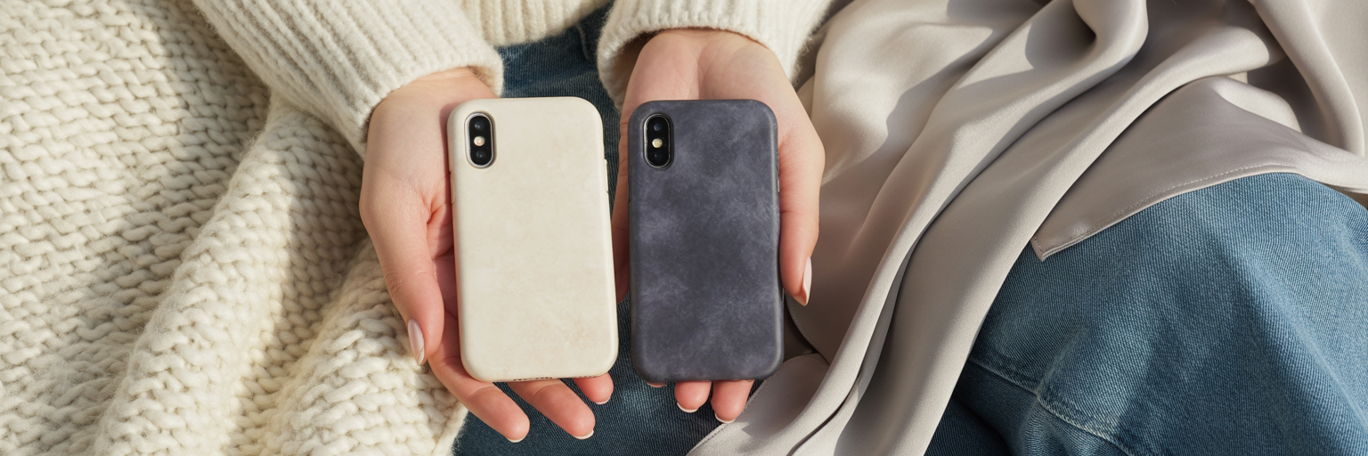 Hands holding ivory and charcoal iPhone cases.