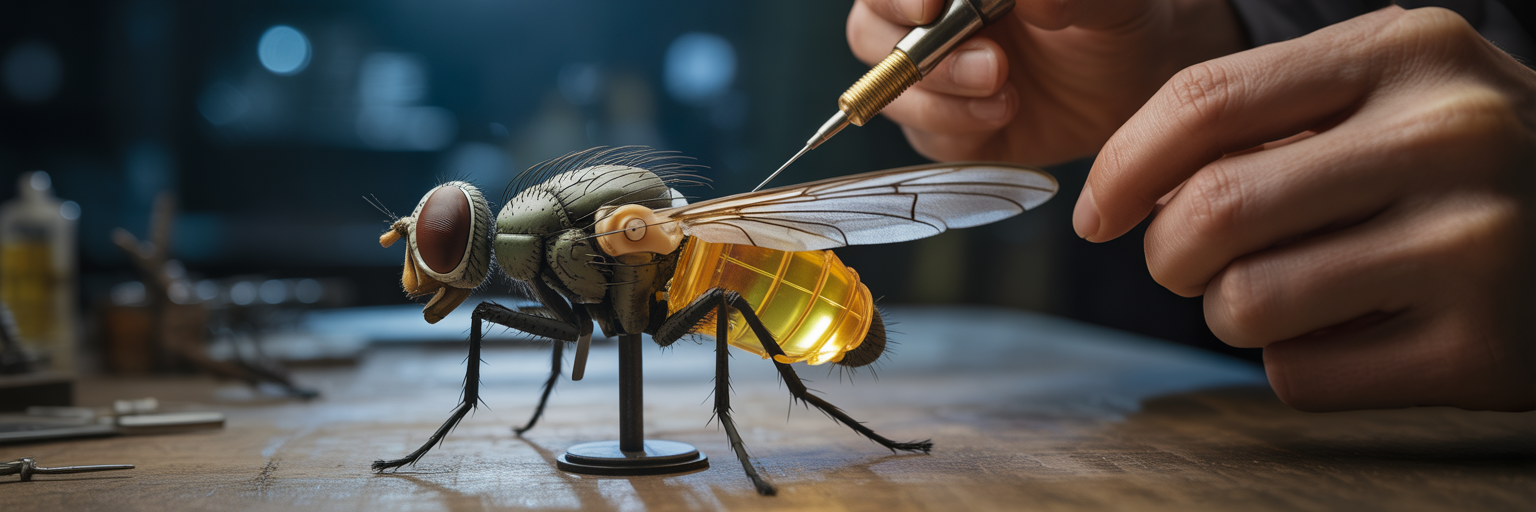 Hands injecting glowing fluid into mechanical fly.
