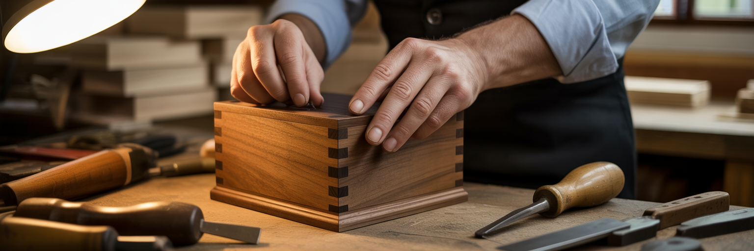 Hands inspecting fine wooden joinery