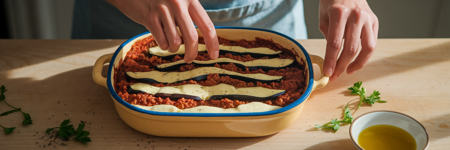 Hands layering ingredients for Mediterranean moussaka.