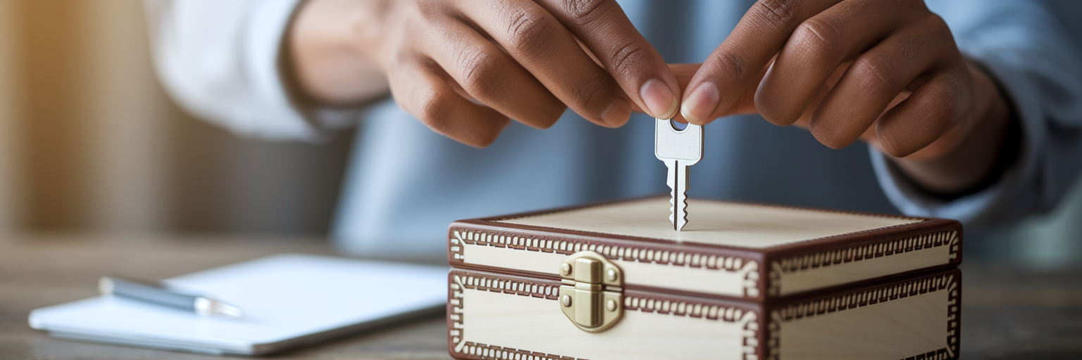 Hands locking a wooden box with key.