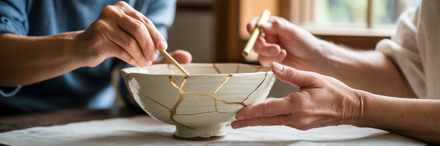 Hands mending a broken bowl with gold.