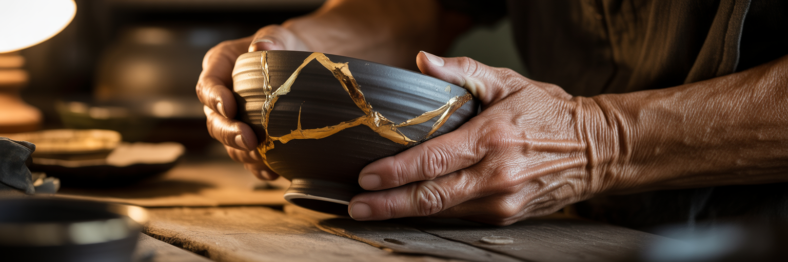 Hands mending broken bowl with gold