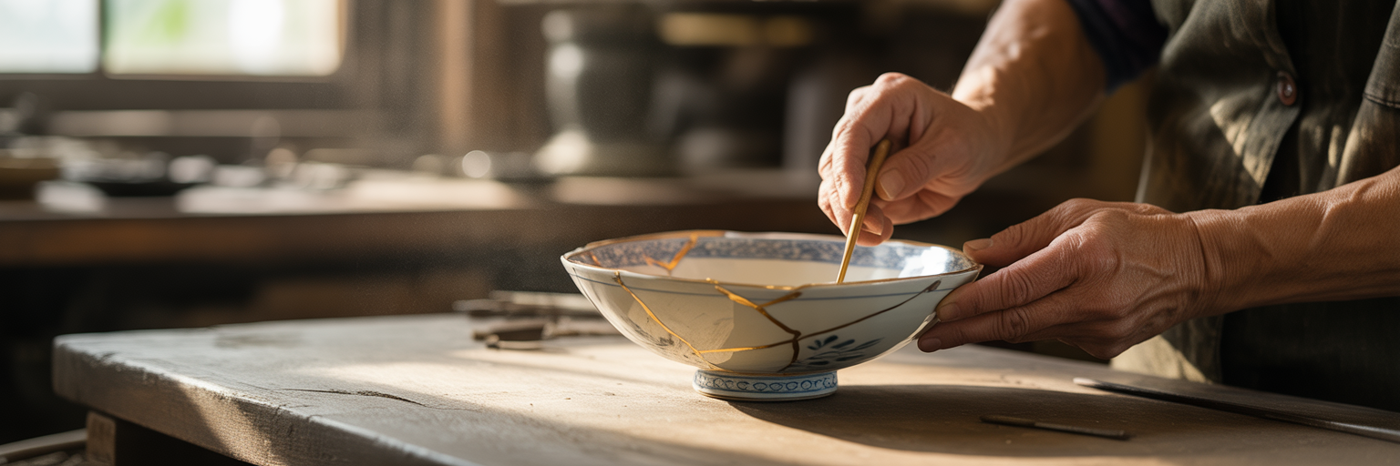 Hands mending broken pottery with gold.