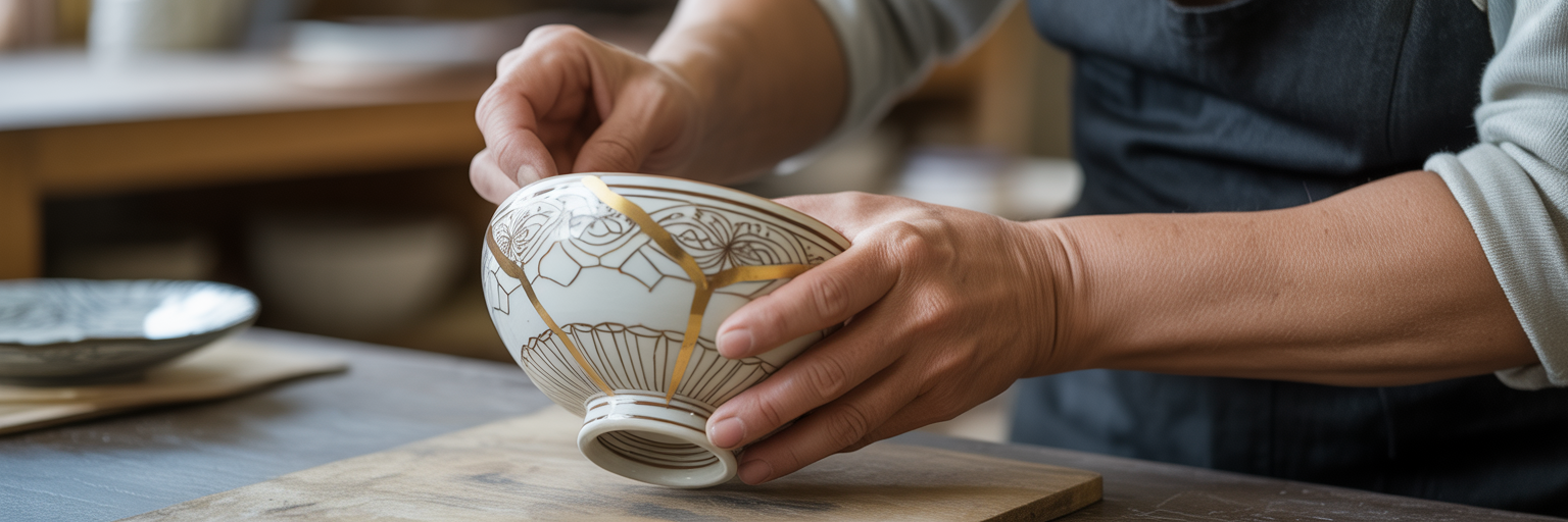 Hands mending ceramic bowl with gold.