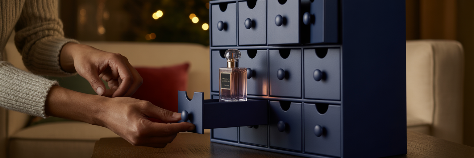 Hands opening luxury advent calendar drawer.