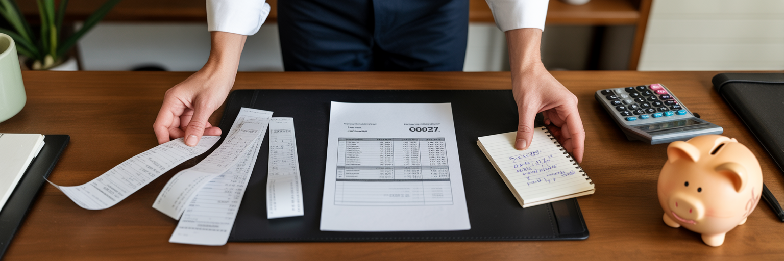 Person organizing medical receipts and budgeting for chin liposuction recovery costs in 2026