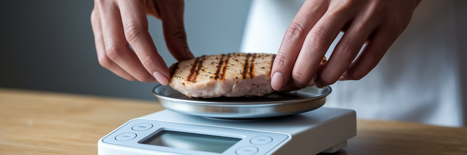 Hands placing chicken on a kitchen scale.
