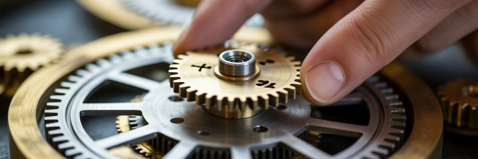 Hands placing gear into clockwork.