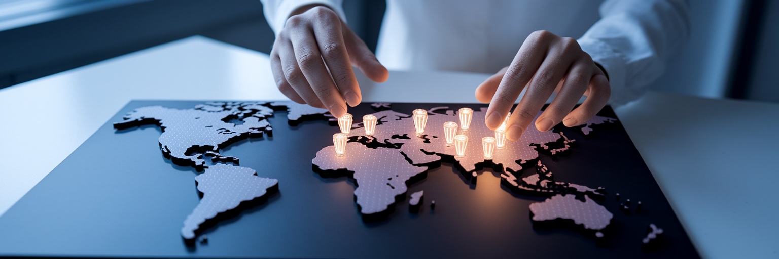 Hands placing glowing markers on map.