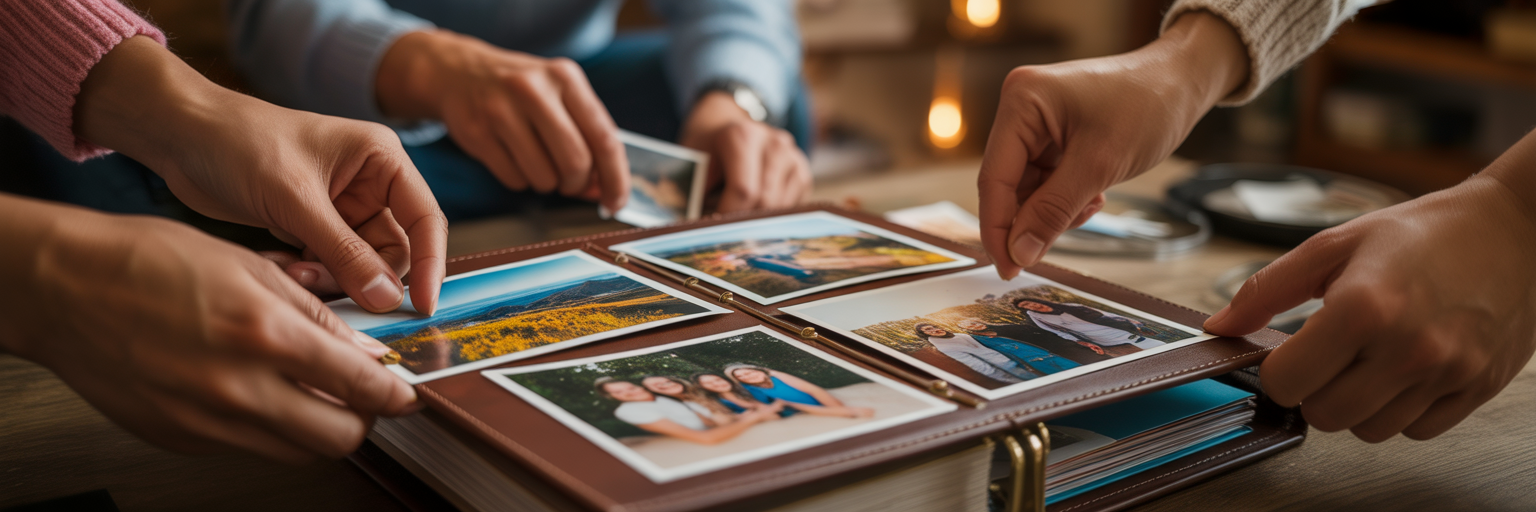 Hands placing travel photos in scrapbook