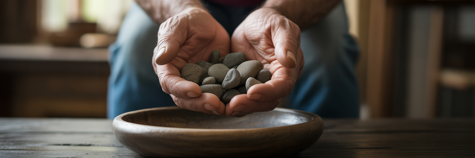 Hands releasing small dark stones into bowl.