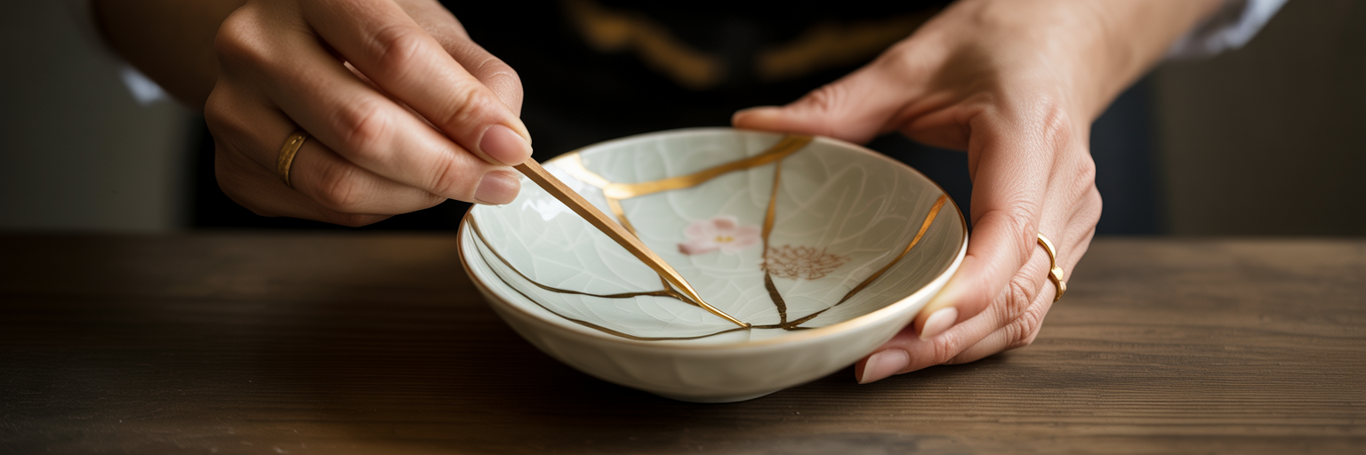 Hands repairing bowl with kintsugi.