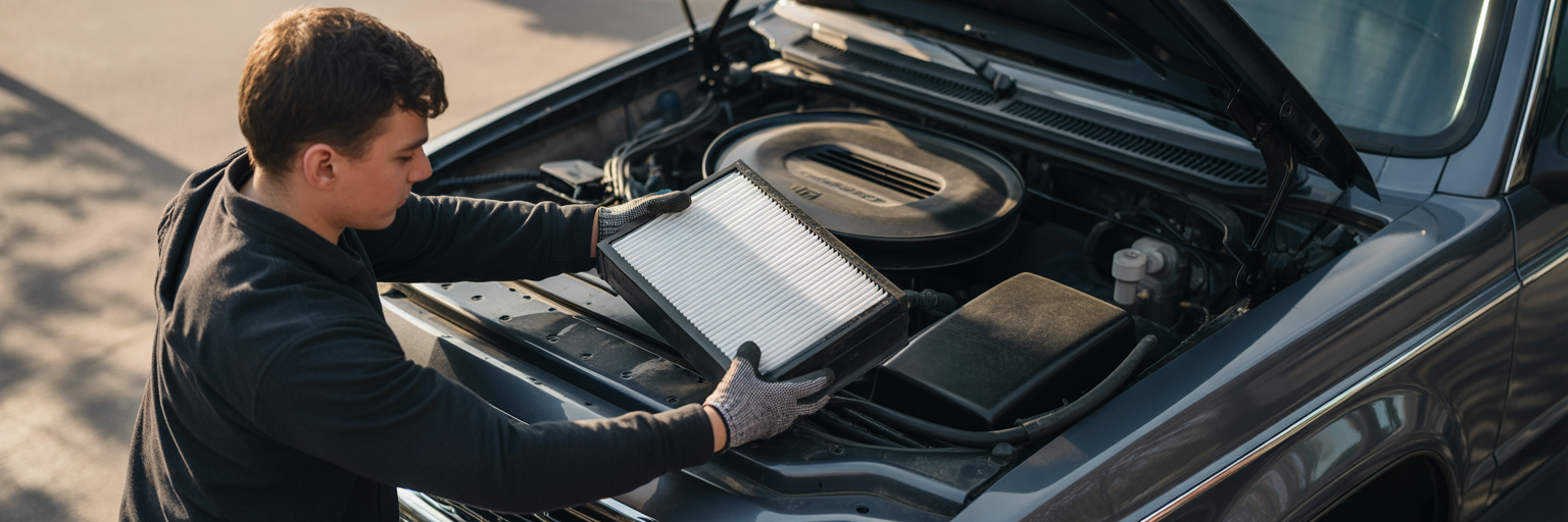 Hands replacing a car cabin air filter.