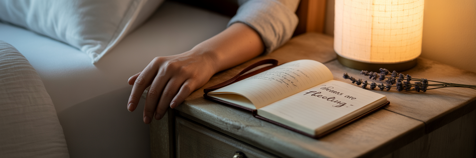 Hands resting beside a journal at night.