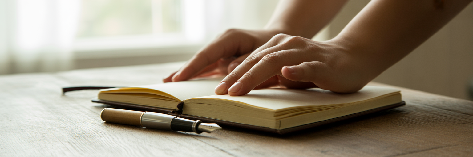 Hands resting on an open journal.