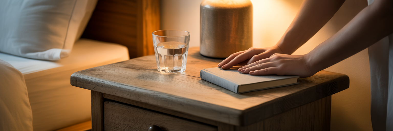 Hands resting on book at bedside.