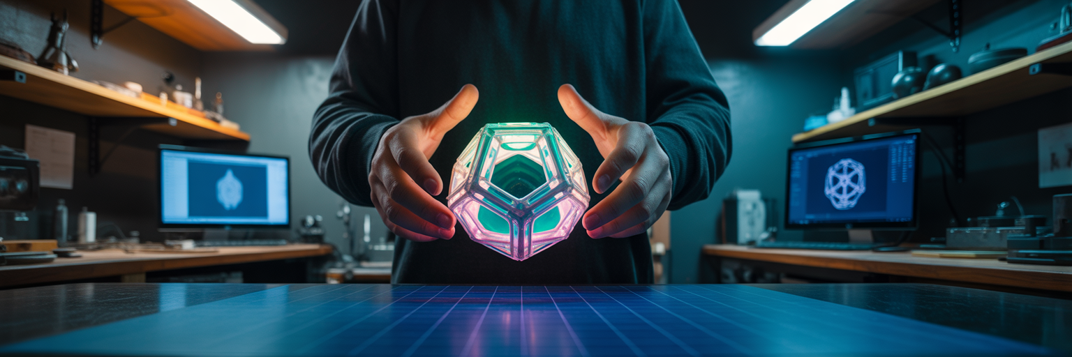 Hands sculpting a glowing 3D shape.