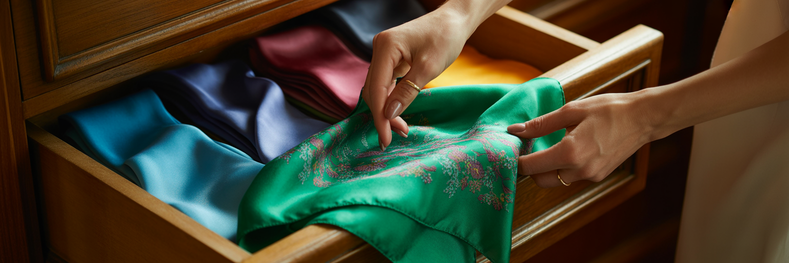 Hands selecting a silk scarf from a drawer.