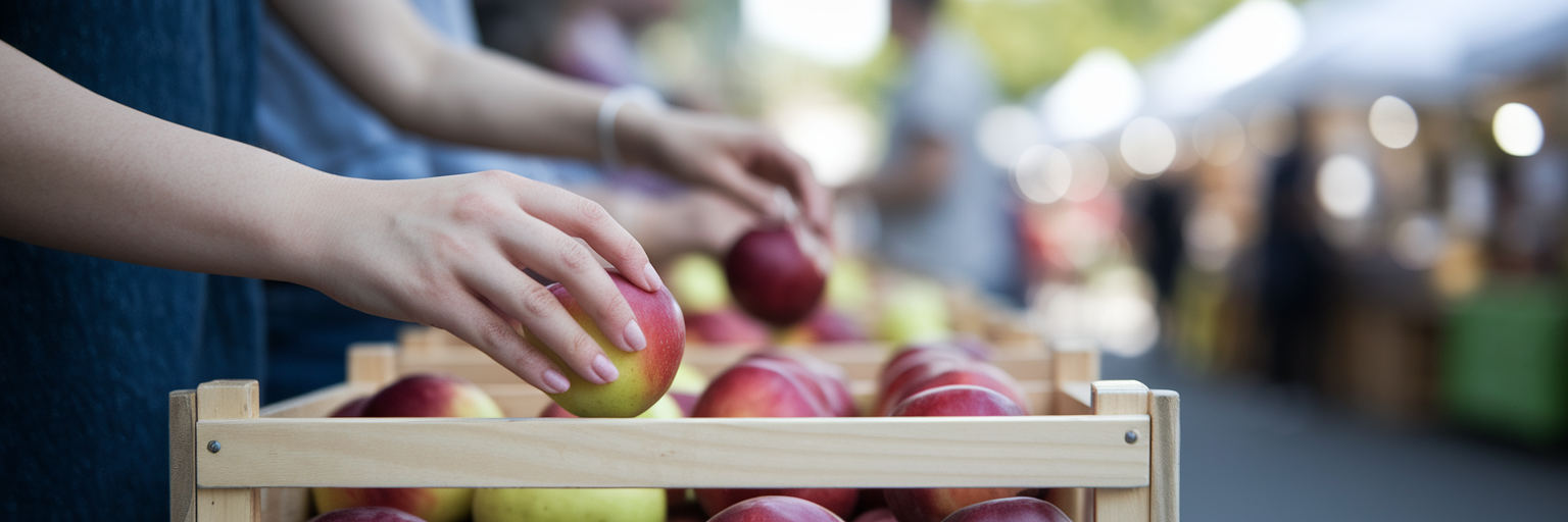 Hands selecting an apple carefully.