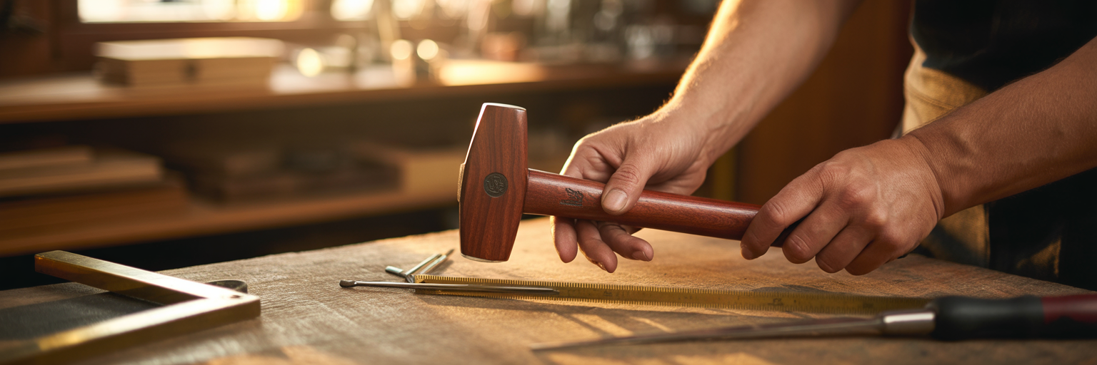 Hands selecting craft tools from workbench.