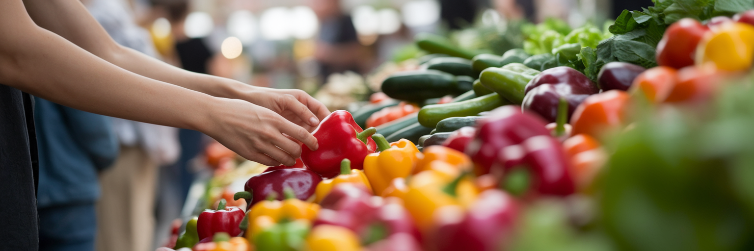 Hands selecting fresh vegetables at a farmer's market.