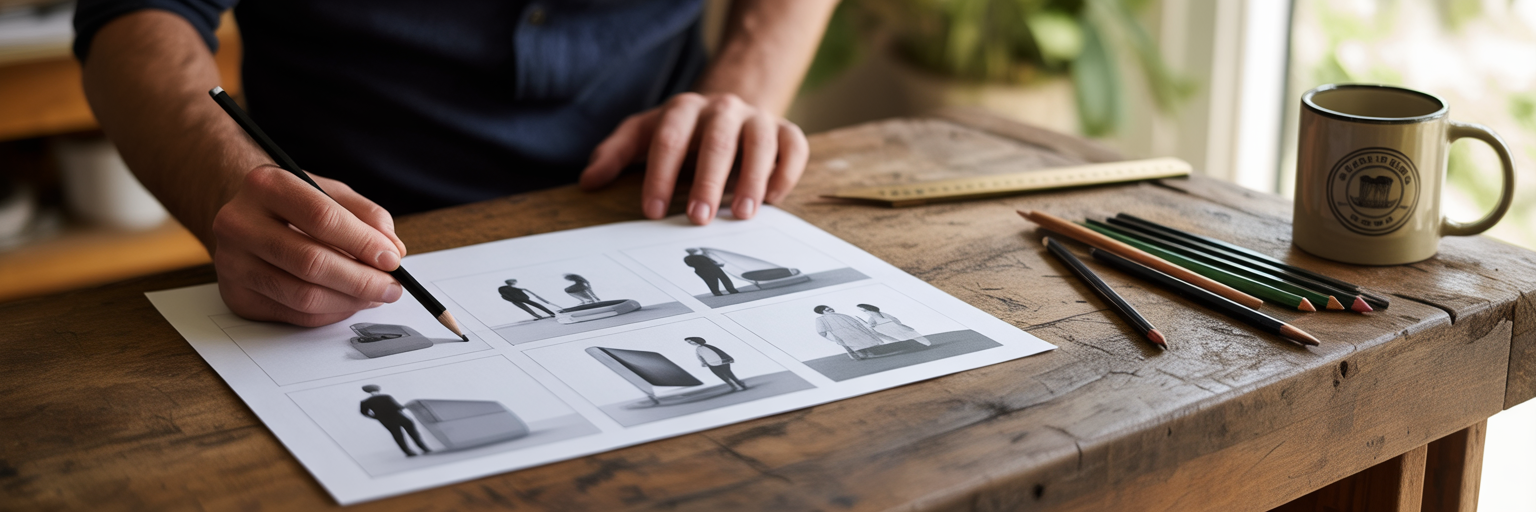 Hands sketching a video storyboard on a workbench.
