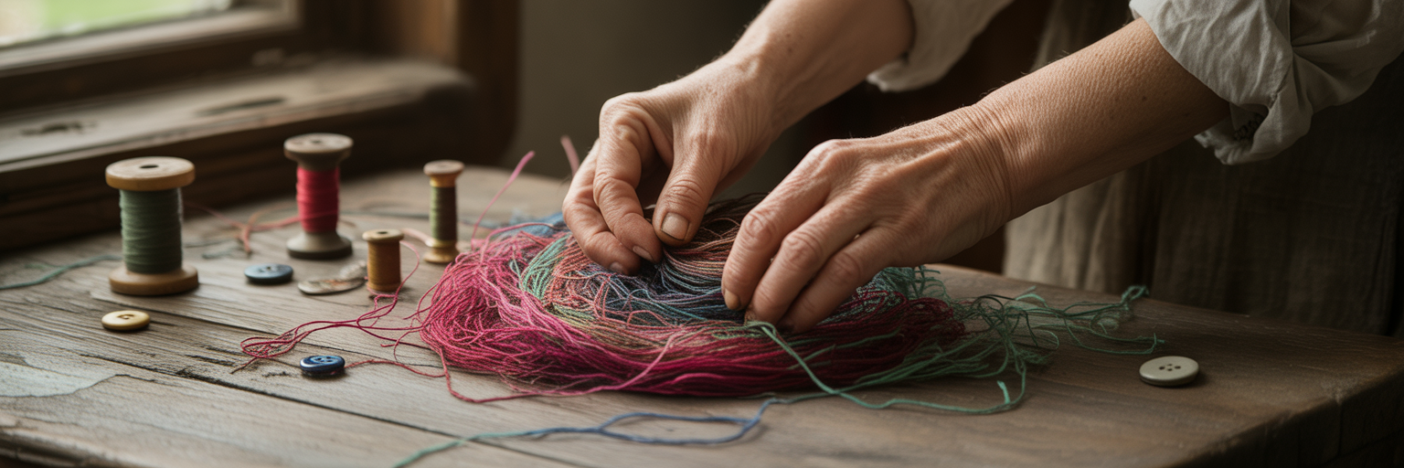 Hands sorting tangled and smooth threads.