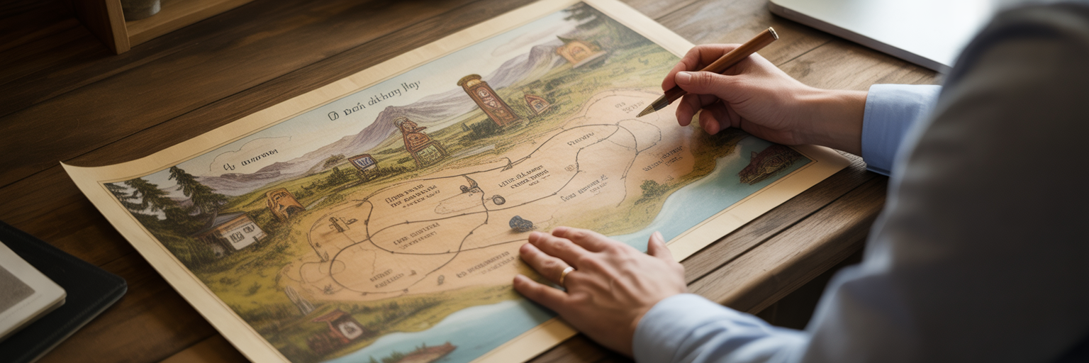 Hands tracing path on personal map.