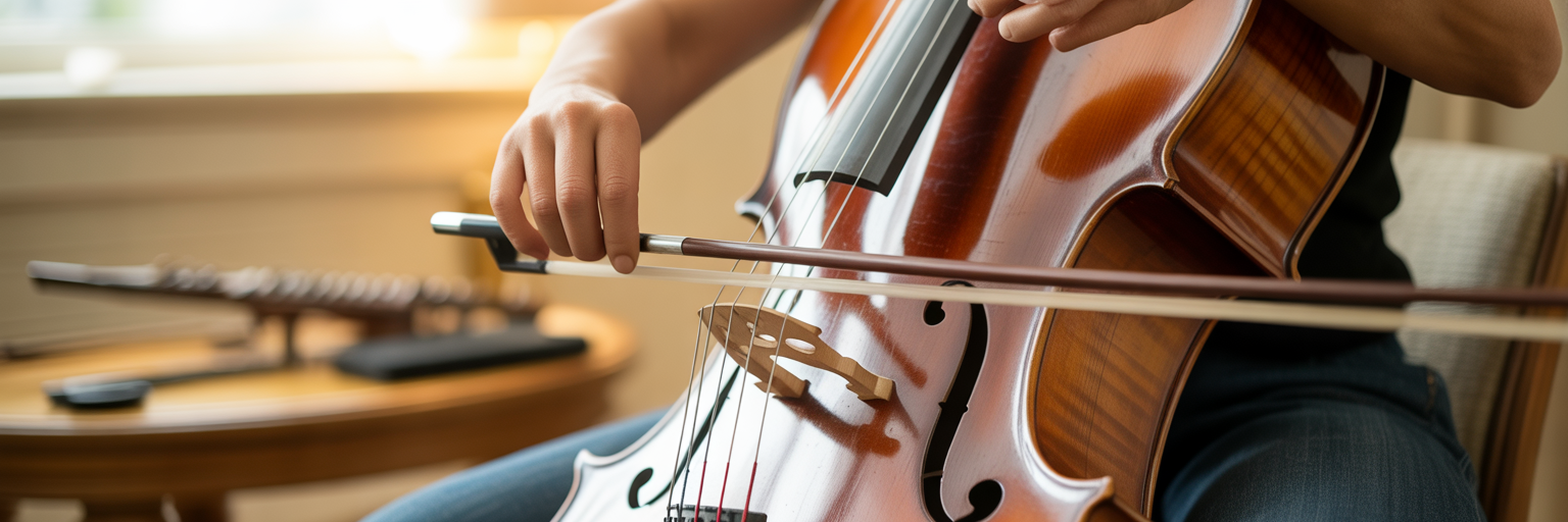 Hands tuning a cello for harmony.
