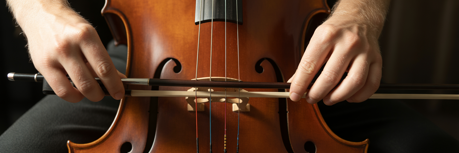 Hands tuning the strings of a cello.