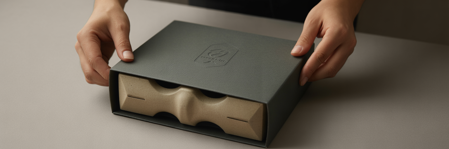 Hands unboxing sustainable luxury rigid box.