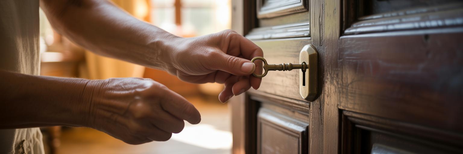 Hands unlocking a door with a key.