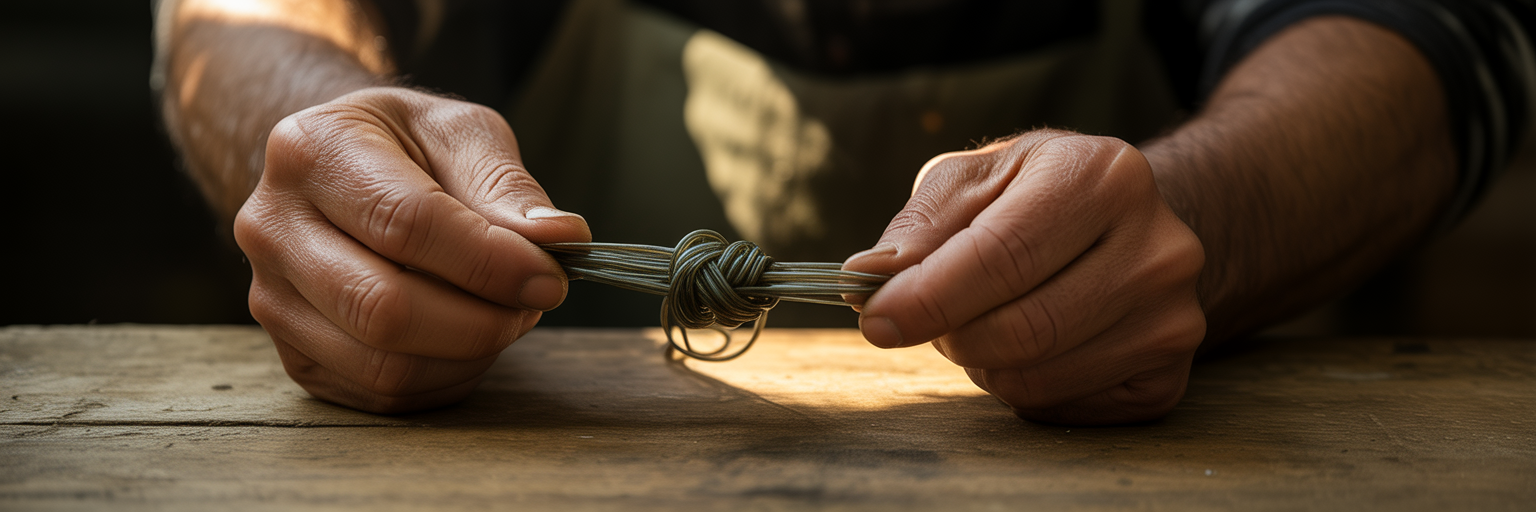 Hands untangling a knotted line under warm light.