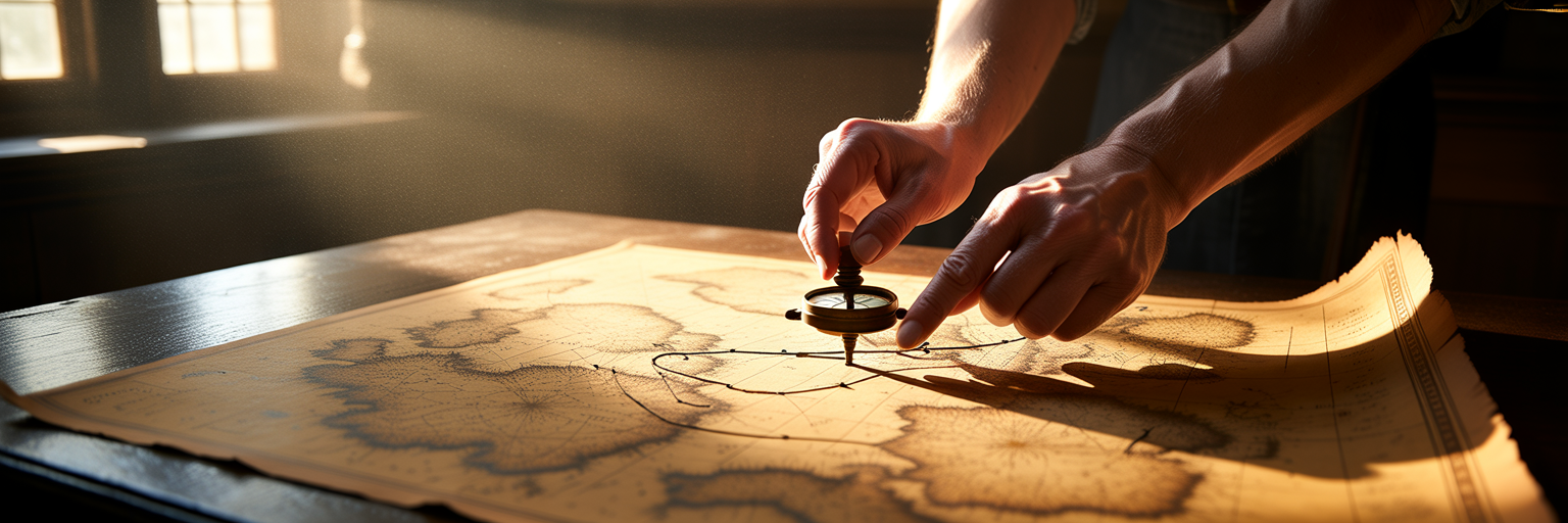 Hands using a compass on a symbolic map.