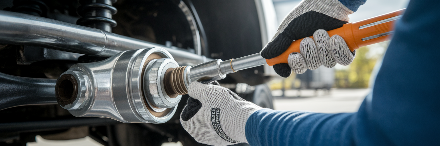 Hands using torque wrench on suspension bolt.