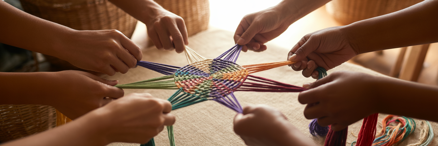 Hands weaving a large colorful tapestry