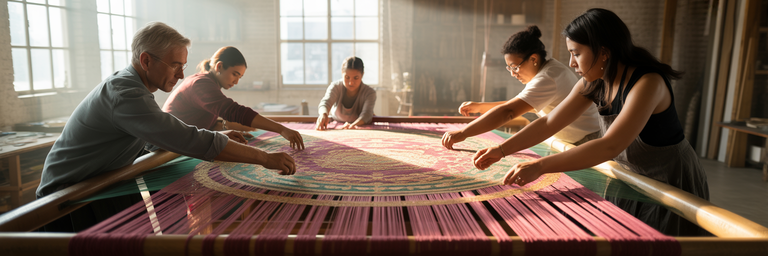 Hands weaving a large shared tapestry.