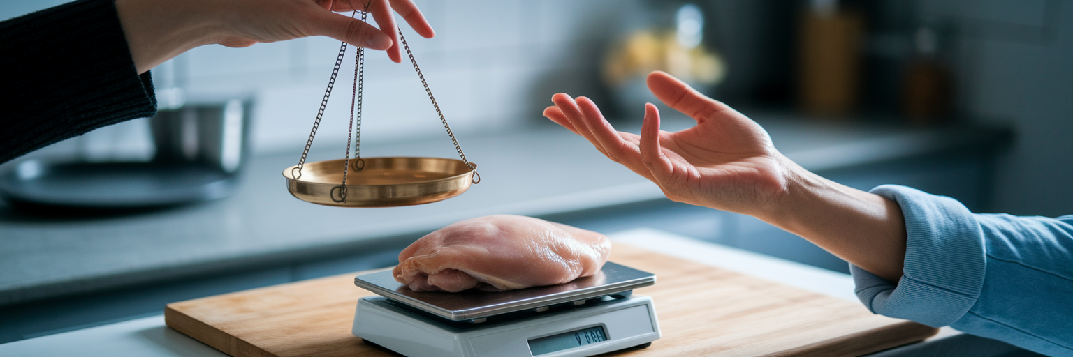 Hands weighing a chicken breast on a food scale.
