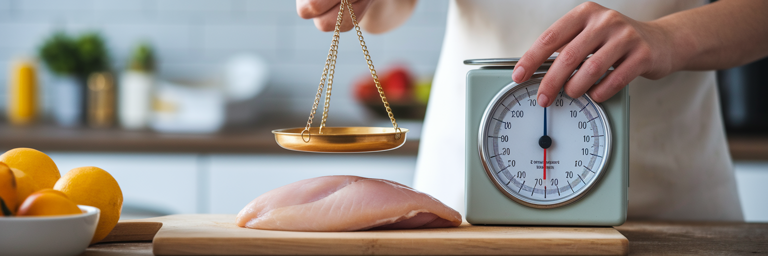 Hands weighing chicken breast on kitchen scale.